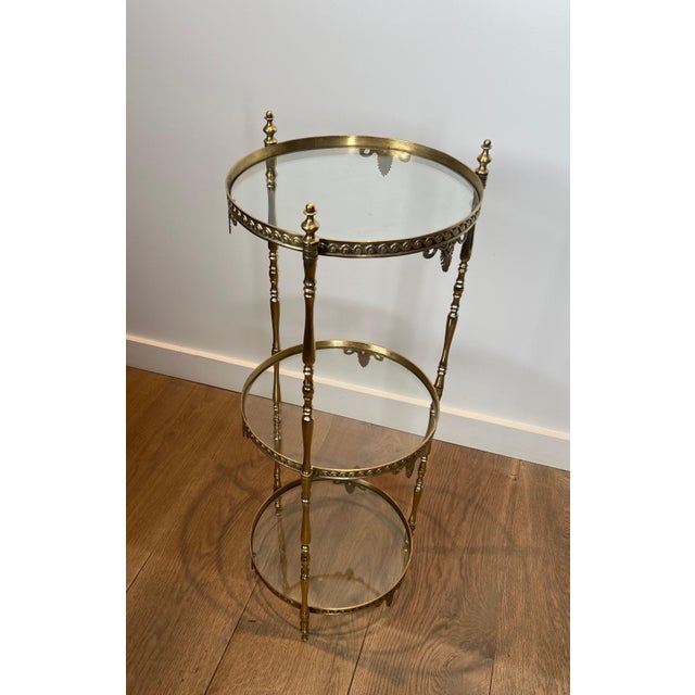 Metal 1940s Round brass pedestal table with three glass shelves. French work Attributed to Maison Jansen For Sale - Image 7 of 9