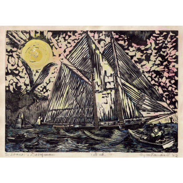 Bold woodblock print by Byron Randall (American, 1918-1999). Titled "Schooner + Doryman", numbered "1st ed.", and signed...