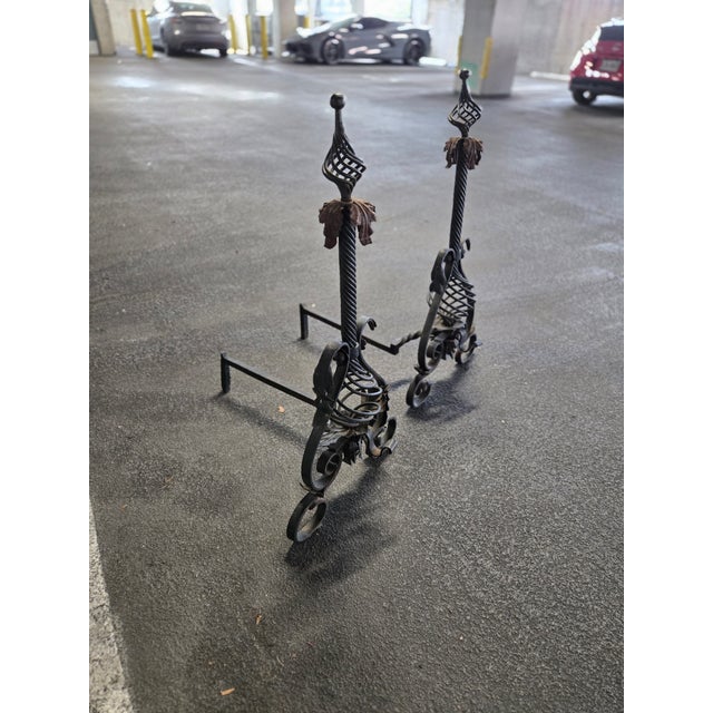 American Large Mizner Style Turn of the Century Wrought Iron Andirons For Sale - Image 3 of 9