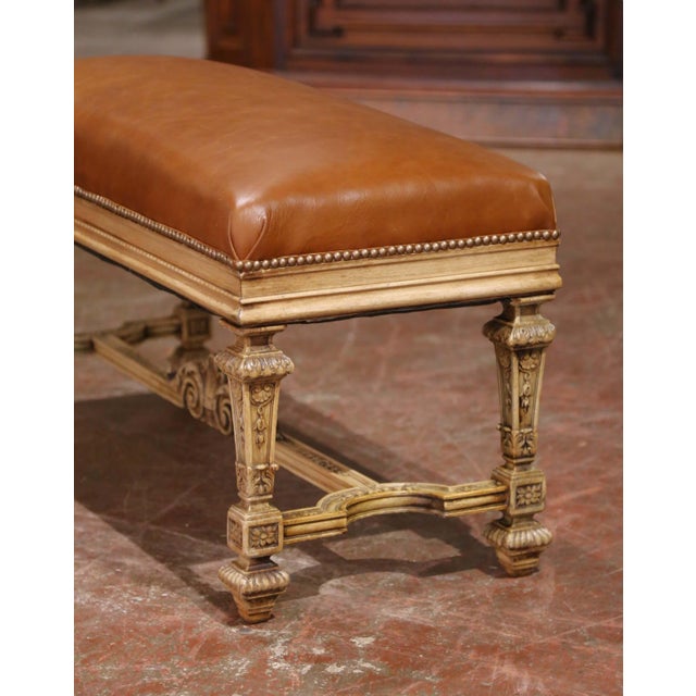 19th Century French Louis XIV Style Carved Bleached Oak Bench With Leather Seat For Sale - Image 4 of 11