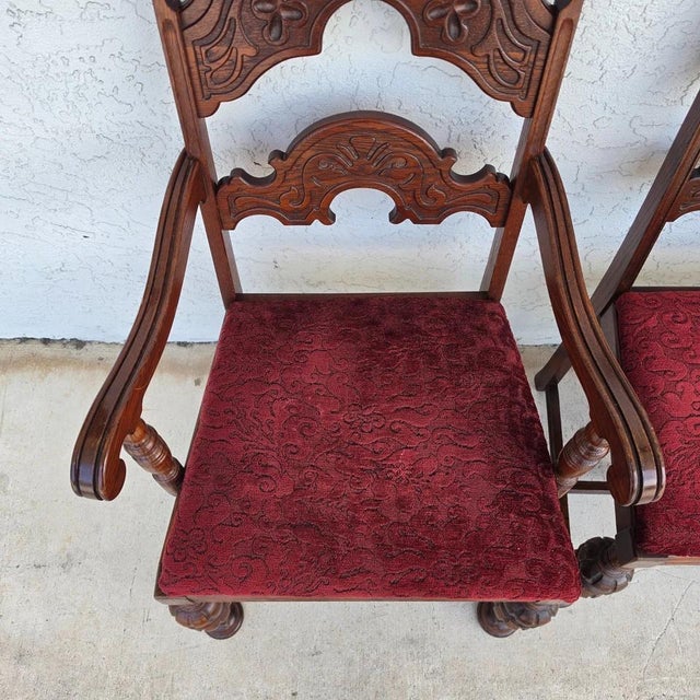 Antique English Oak Tudor Jacobean Dining Chairs 1930's Set of 4 For Sale - Image 10 of 18