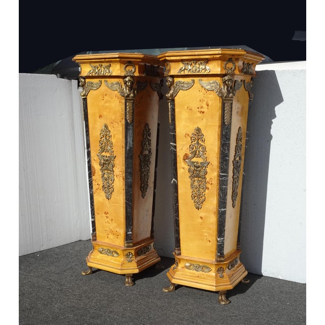 Pair of Antique French Empire Gold Ormolu Mottled Marble Pedestals Stands For Sale - Image 4 of 5
