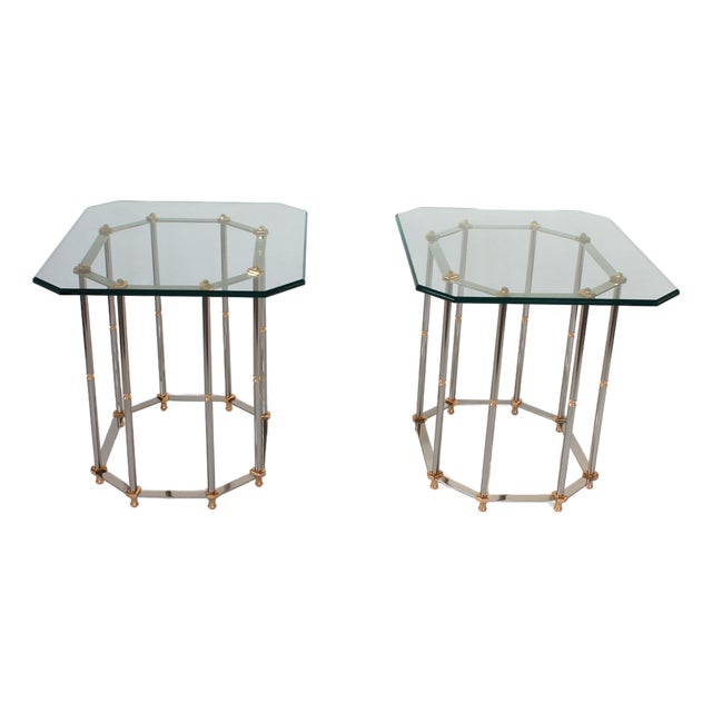 Vintage Hollywood Regency Style Brass and Chrome End Tables - A Pair For Sale