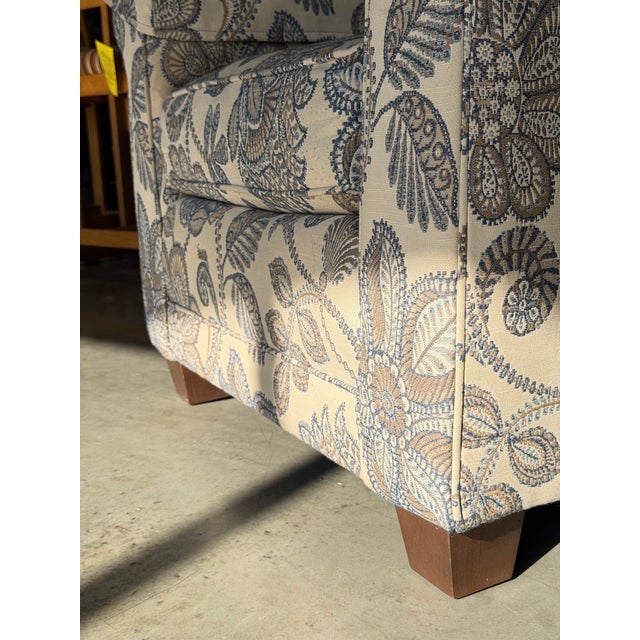 Early 21st Century Pair of Smith Brothers Blue and Cream Botanical Floral Upholstered Rolled Armchairs For Sale - Image 5 of 6