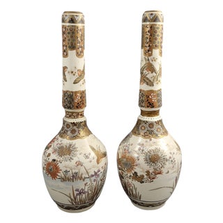 Tall Japanese Satsuma Vases with Moriage and Gold Pointillé, Set of 2 For Sale