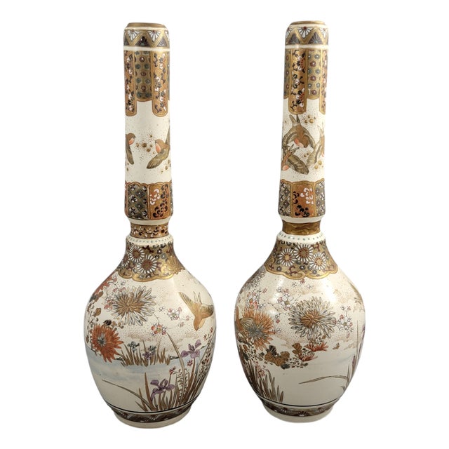 Tall Japanese Satsuma Vases with Moriage and Gold Pointillé, Set of 2 For Sale
