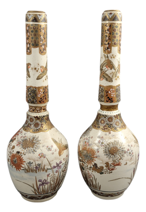 Tall Japanese Satsuma Vases with Moriage and Gold Pointillé, Set of 2