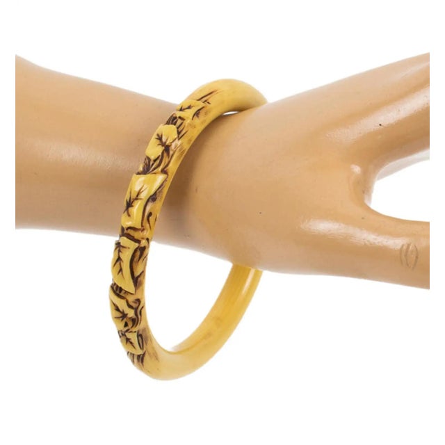 Ivory Art Deco Celluloid Bracelet Bangle with Carved Ivy Leaves For Sale - Image 8 of 8
