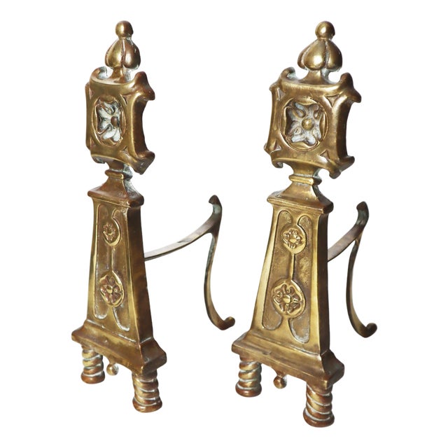 Brass Andirons with the Knights Templar Flower, 1850s, Set of 2 For Sale