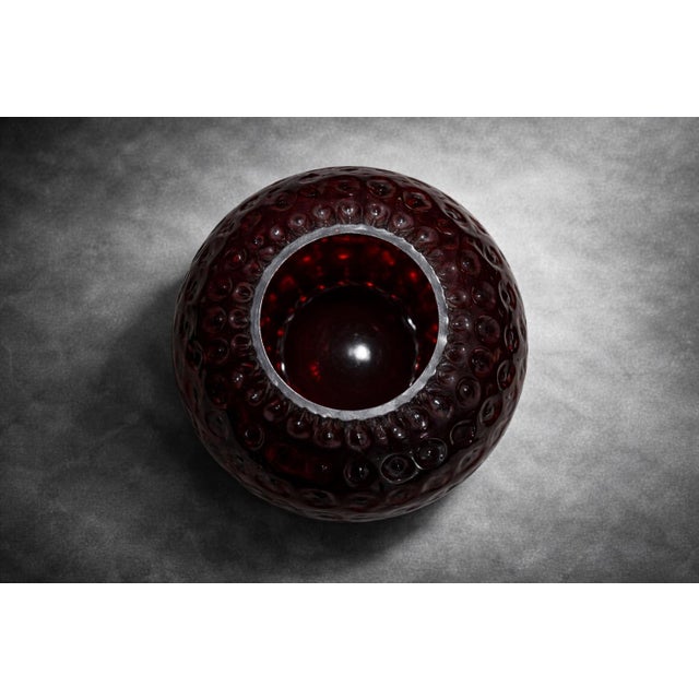 Mid-Century Modern Cranberry Red Hobnail Art Glass Orb Vase For Sale - Image 3 of 9