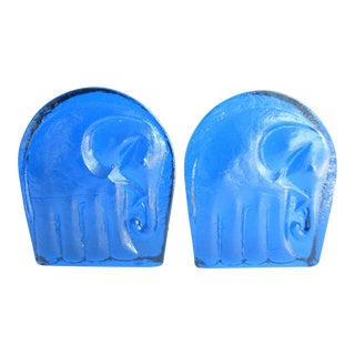 1960s Blenko Art Glass Blue Elephant Bookends - a Pair For Sale