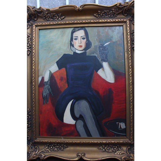 Lady Smoking, 1950s, Oil Painting, Framed, in Very Good conditions. Designed 1950 to 1959