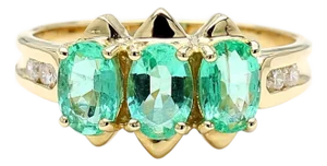 1.80 Carat Oval Emerald 3 Stone Ring in 14k Gold, Size 7