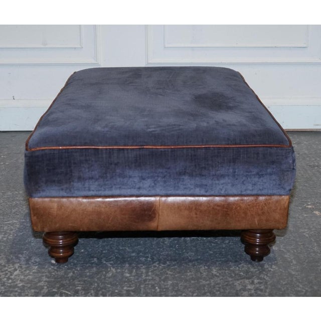 Textile Large Tetrad Constable Ottoman in Blue Fabric and Leather Base For Sale - Image 7 of 15