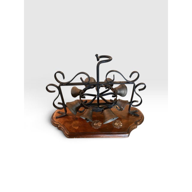 Mid 20th Century Vintage Wrought Iron & Brass 8-Bell Mechanical Door Bell on Wood Plaque For Sale - Image 5 of 11