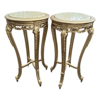 1970s French Louis XVI Gold Beech Marble Side Tables- Pair For Sale