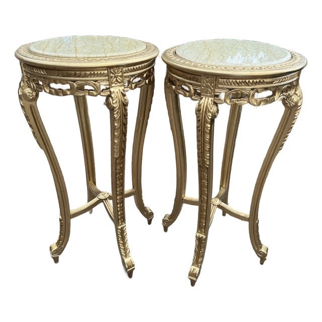 1970s French Louis XVI Gold Beech Marble Side Tables- Pair For Sale