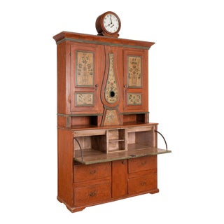 Original Painted Swedish Clock Cabinet With Secretary, Circa 1840 For Sale