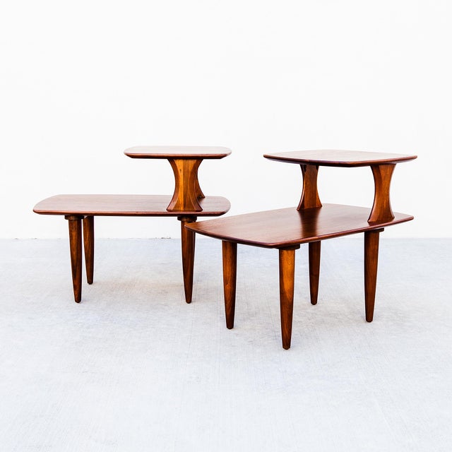 Brown Restored Mid Century Modern Solid Walnut Sculptural Step Tables For Sale - Image 8 of 12