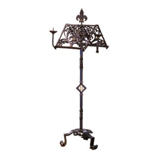 19th C. French Gothic Wrought Iron Lectern or Music Stand With Candles Holder For Sale