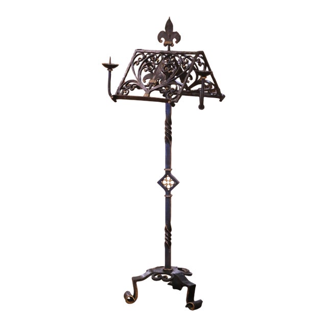 19th C. French Gothic Wrought Iron Lectern or Music Stand With Candles Holder For Sale