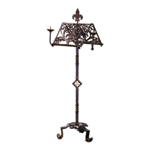 19th C. French Gothic Wrought Iron Lectern or Music Stand With Candles Holder