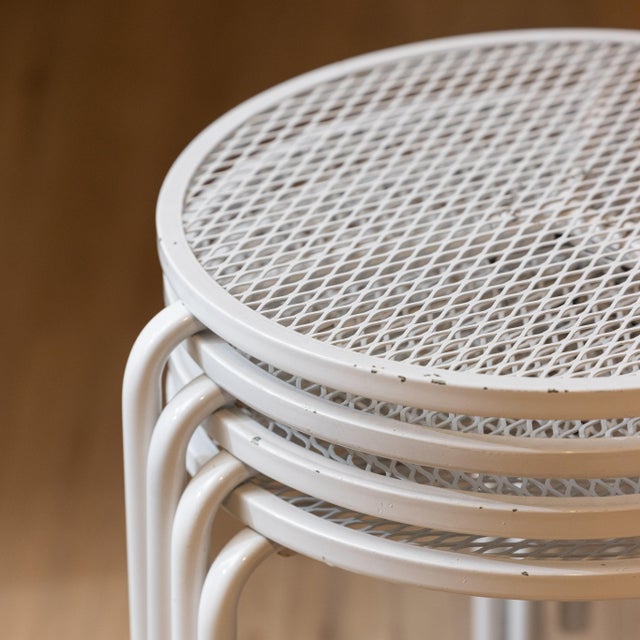 White 1960s Mid-Century Italian Style White Metal Mesh Tripod Stacking Tables - Set of 4 For Sale - Image 8 of 12