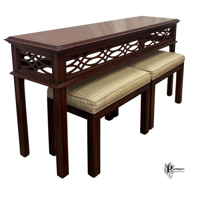 Brown Vintage Henkel Harris Virginia Galleries Collection Chippendale Style Mahogany Console Table & Pair of Upholstered Stools For Sale - Image 8 of 12