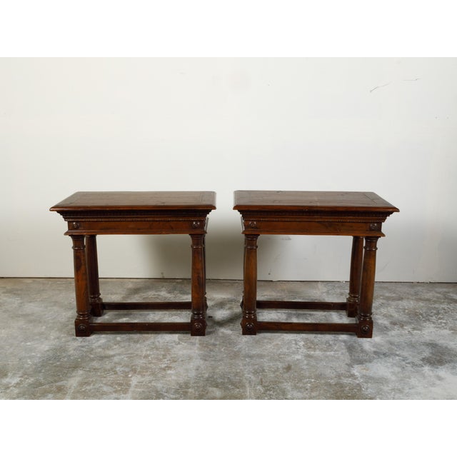 19th Century Pair of Italian 19th Century Carved Walnut Console Tables with Doric Columns For Sale - Image 5 of 12