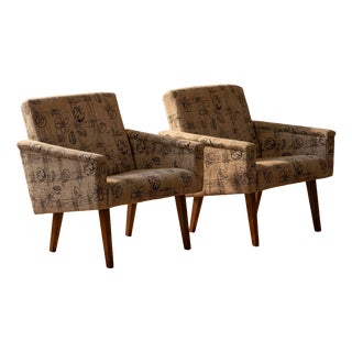 Mid-Century Upholstered Armchairs with Floral Fabric, Czechoslovakia, 1950s, Set of 2 For Sale