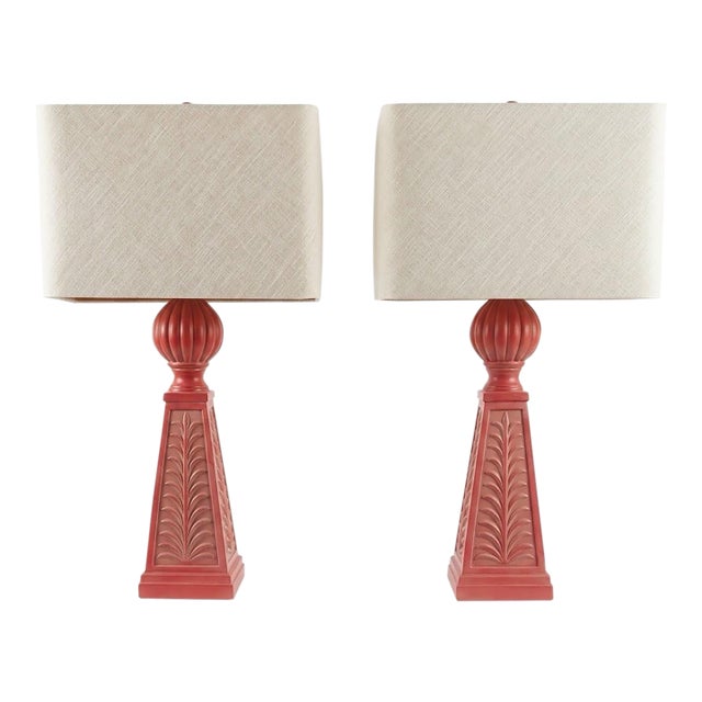 2004 Serge Roche Style Palm Beach Regency Coral Plaster Obelisk Table Lamps by Pieri Creations - A Pair For Sale