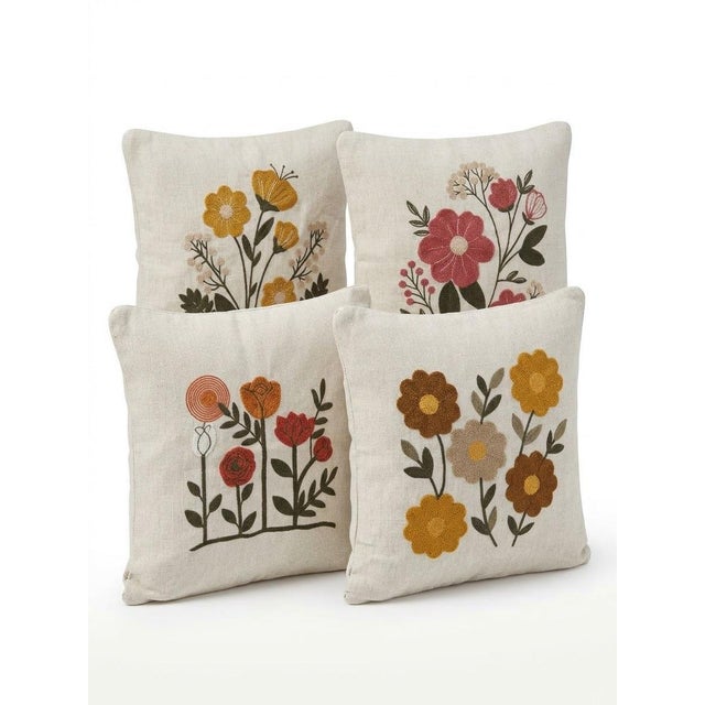 Turkish Hand-Embroidered Floral Cushion Covers - Set of 4 For Sale - Image 4 of 5