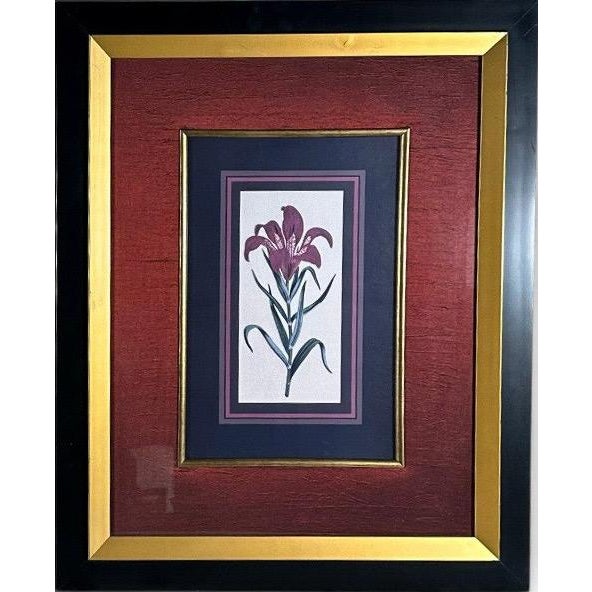 Wood Vintage Framed Stylized Red Lily Botanical Lithograph Prints Pair For Sale - Image 7 of 12