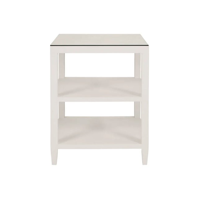 Matthew Izzo Home Amie Textured White Linen Three Tier Square Side Table With Glass Top For Sale In New York - Image 6 of 6