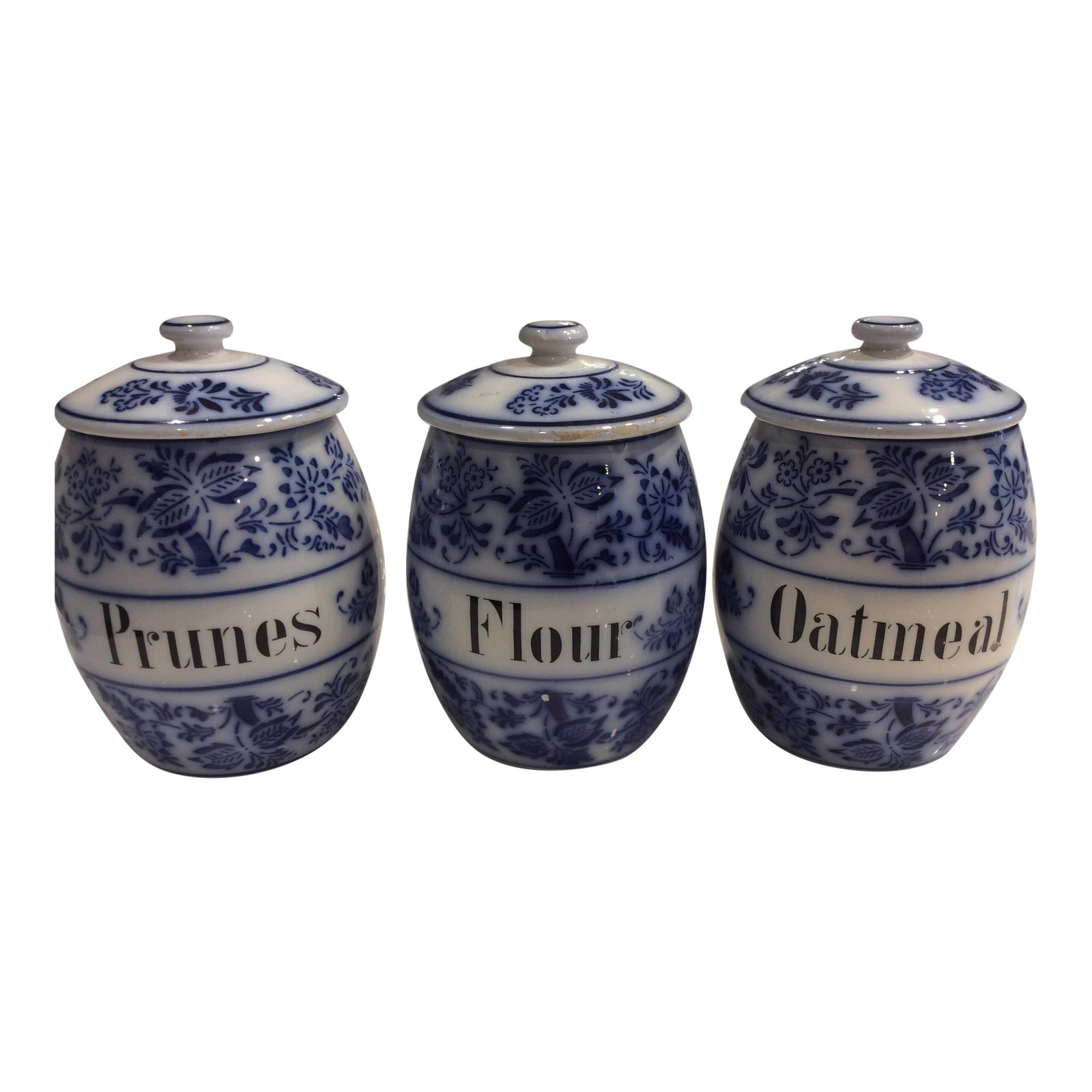 Antique Flow Blue Blue Onion Kitchen Canisters Germany Set Of 3