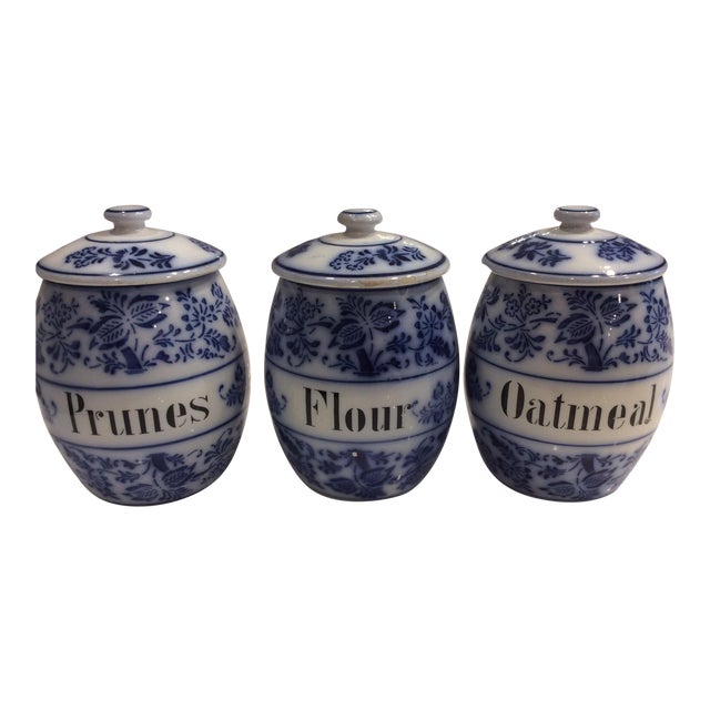 Antique Flow Blue Blue Onion Kitchen Canisters Germany Set Of 3