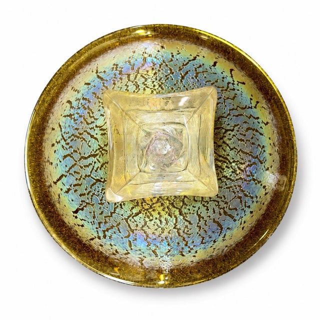 Abstract Signed Willsea O’Brien Iridescent Crackle Art Glass Pedestal Bowl For Sale - Image 3 of 4