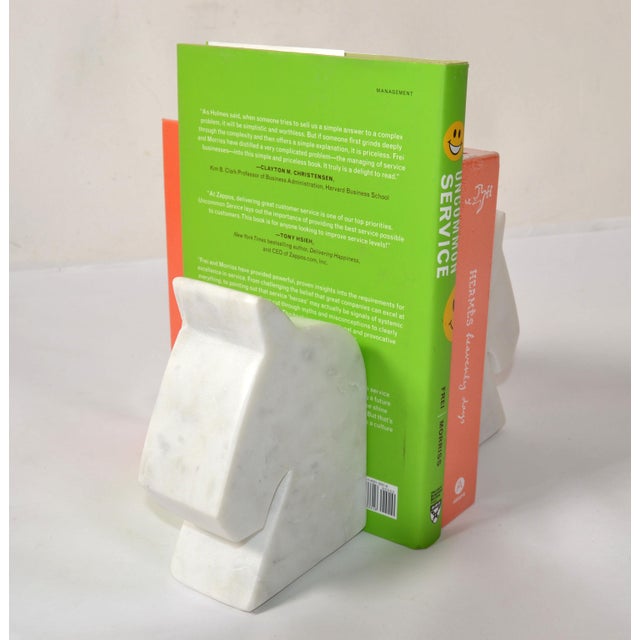 Set of 2 Italian White Carrara Marble Horse Head Shaped Animal Bookends For Sale In Miami - Image 6 of 12