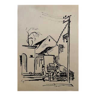 Henry Emil Salloch Original Pen and Ink on Paper Intimate Village Scene, 1934. For Sale