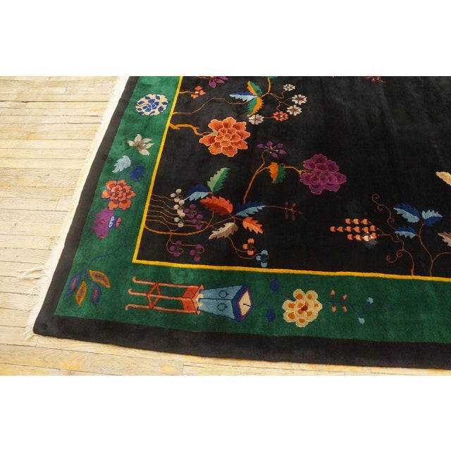 A Colorful Floral Design in a Blackground Color Antique Chinese Art Deco Rug For Sale - Image 10 of 12