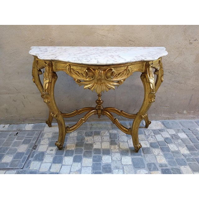Gilded and Carved Console with White Marble Top For Sale - Image 5 of 5