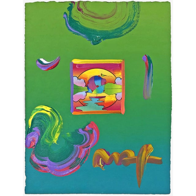 Mixed media with acrylic painting and color lithography on paper. Hand-signed in acrylic paint on front by Peter Max. A...