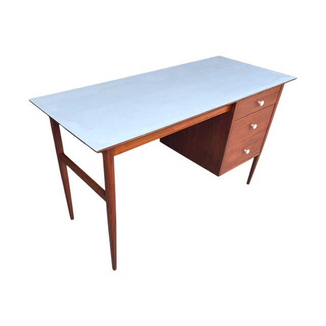Mid-Century Modern Mid-Century Modern Walnut Desk With White Laminate Top – Restored Vintage Writing Table For Sale - Image 3 of 12