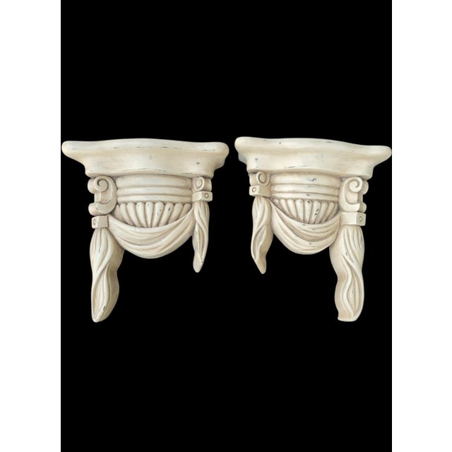 Dorothy Draper Vintage Wood Carved Draped Neoclassical Off White Classic Wall Brackets Shelves- A Pair For Sale - Image 4 of 9