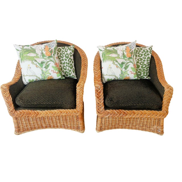 20th Century Pair of Braided Rattan Wicker Upholstered Chairs Chairish