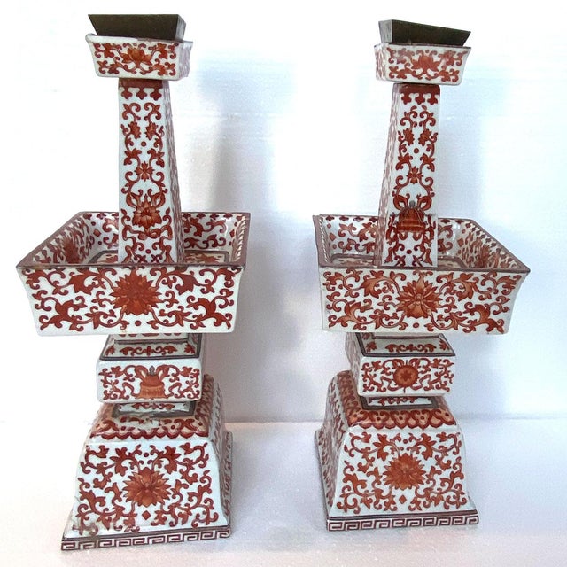 Pair Chinese Qing Porcelain Coral Red Bajixiang Candlesticks For Sale - Image 9 of 15