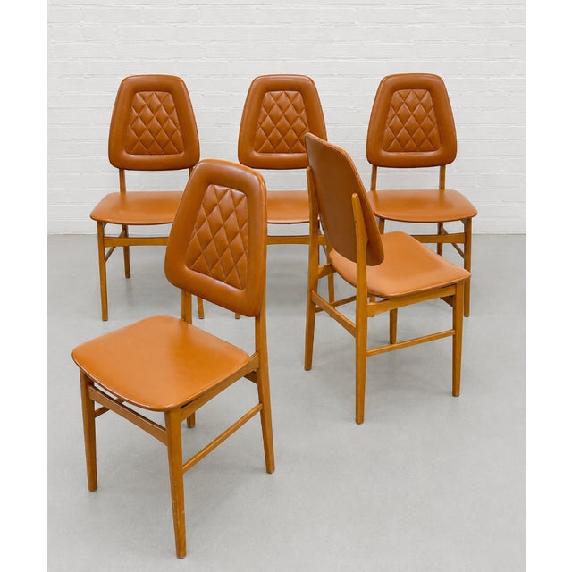 Set of 5 - Mid Century Modern Scandinavian Dining Chairs | Diamond Stitched Upholstery, C. 1960's For Sale - Image 10 of 14