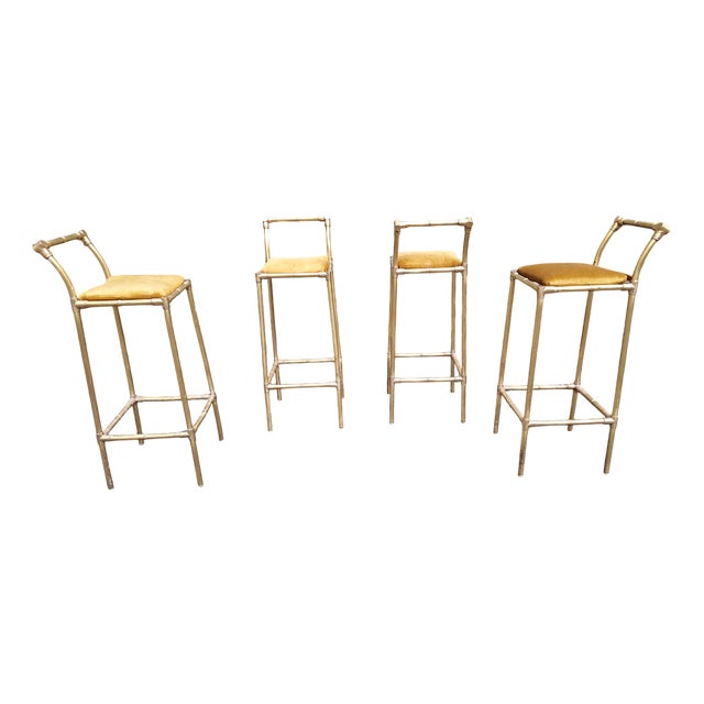 Vintage Stools in Brass with Bamboo Workmanship, 1960s, Set of 4 For Sale