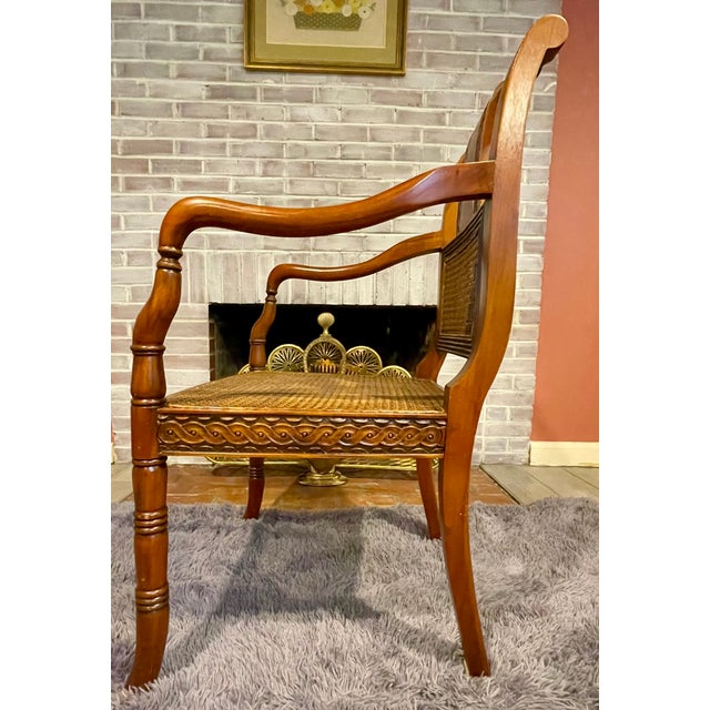 Brown Vintage Regency Style Carved Mahogany Armchair With Mint Condition Cane For Sale - Image 8 of 18