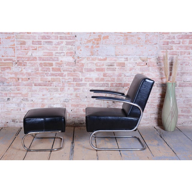 Set of Art Deco Lounge Chair with Ottoman in Chromed Steel and Leather by Willem Hendrik Gispen for Mücke Melder, Czech, 1930s For Sale - Image 10 of 12